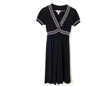Talbots Black Embroidered V-Neck Midi Dress White Trim Flowy Stretch